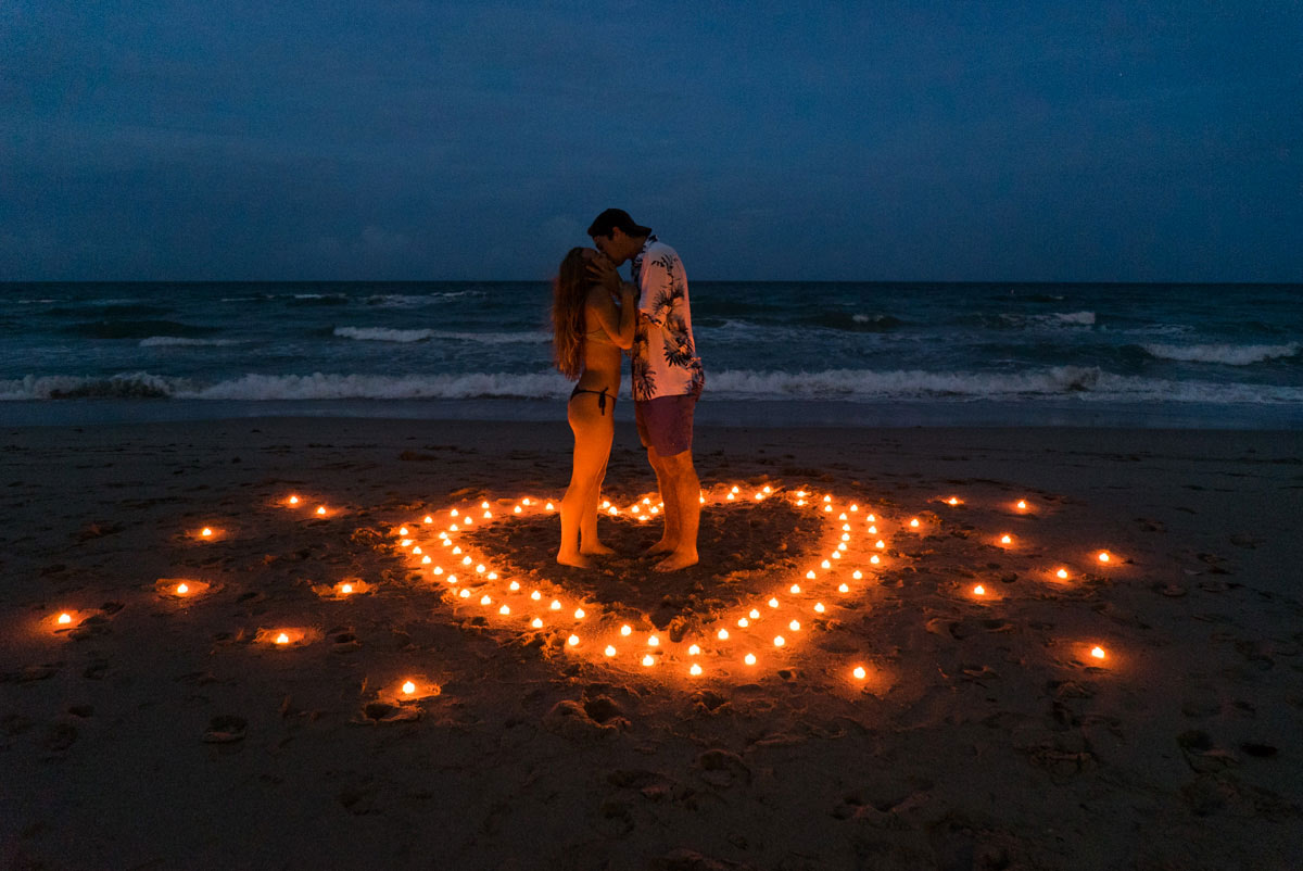 Candle heart beach proposal in Los Angeles