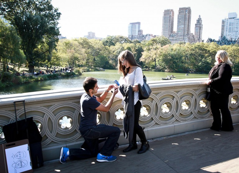 Photo Steven and Fara’s cartoon proposal on Bow Bridge, New York. Photo Steven and Fara’s cartoon proposal on Bow Bridge, New York.