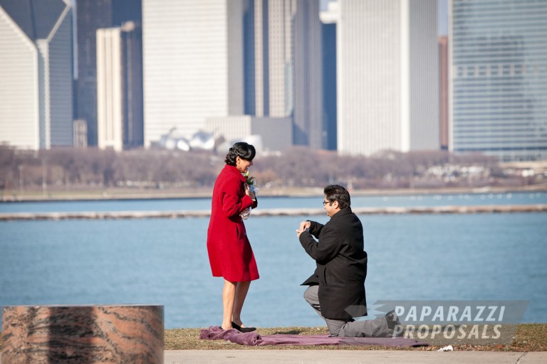 Photo Vikash and Rahdika’s Thanksgiving planetarium paparazzi proposal, Chicago.